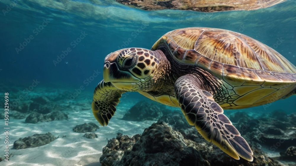 Fototapeta premium Green sea turtle gracefully glides through the