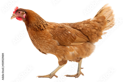 Brown hen chicken isolated on white background. Farm animal, poultry, egg layer. Healthy domestic bird.