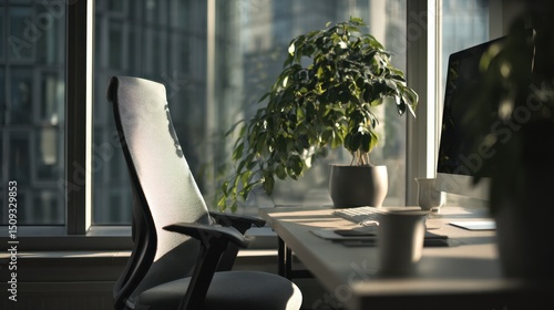 Minimalist workspace with empty desk, ergonomic chair, and potted plant, embodying productivity and calm simplicity.