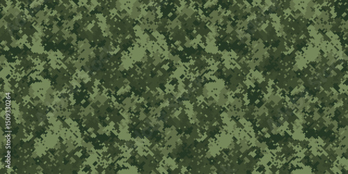 Abstract digital camouflage pattern in shades of green. Ideal for backgrounds, militarythemed designs, or projects needing a textured, concealing aesthetic.  Perfect for websites, apparel, or print.