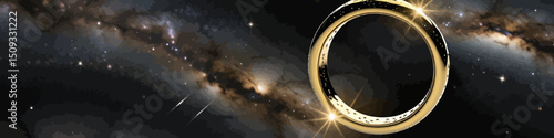 Golden Ring in Space - Cosmic Jewelry Illustration - Galaxy Background with Sparkling Stars - High Resolution Wallpaper - Celestial Theme Image