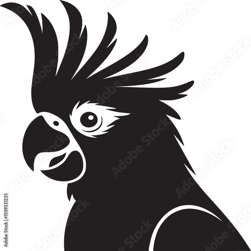 A black and white graphic illustration of a cockatoo with its crest raised on a white background