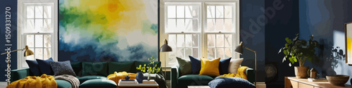 Living Room Design Ideas-Emerald Green Sofas and Colorful Art-Brighten Your Space with Cozy Decor-Find Inspiration for a Stylish Home Makeover