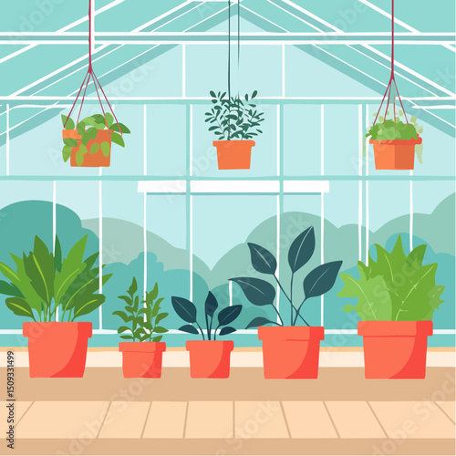 A greenhouse interior filled with plants and hanging pots
