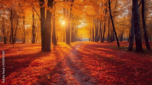 Amazing autumn landscape. Panoramic forest nature. Colorful forest with sun rays orange golden leaves trees. dream fantasy scenic pathway. Beautiful fall park footpath