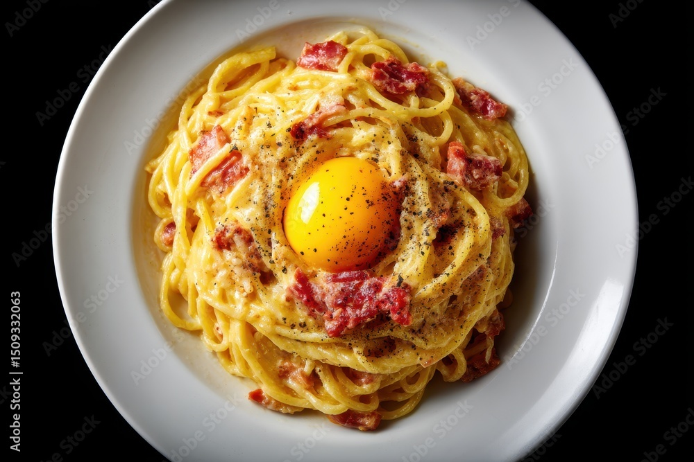 Fototapeta premium Spaghetti Carbonara Pasta Gericht Original Carbonara mit Eigelb Italienisch Speck Sahnesauce Nudeln Rezept Klassisch Spaghetti Gericht Italienische Küche Pasta Nahaufnahme Essensfoto