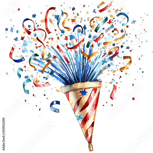 watercolor vector of New Years Party Popper, high quality, isolated on a white background.