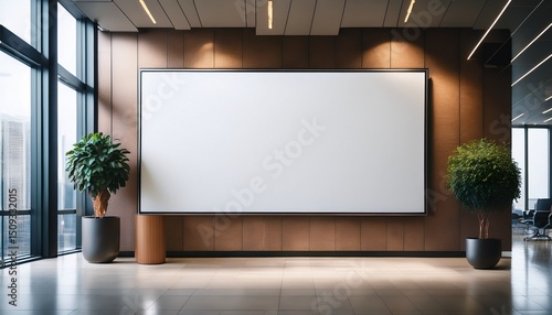 a empty advertising billboard frame on the wall of an office lobby providing ample copy space for mock up designs art