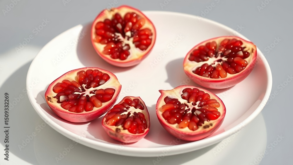 Vibrant Pomegranate Halves on a Plate Vibrant Pomegranate Halves on a Plate