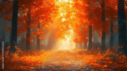 Amazing autumn landscape. Panoramic forest nature. Colorful forest with sun rays orange golden leaves trees. dream fantasy scenic pathway. Beautiful fall park footpath