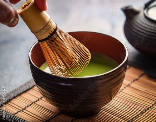 traditional japanese tea ceremony whipping matcha with matcha whisk chasen