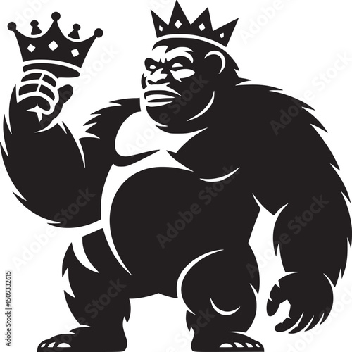 A black and white illustration of a gorilla holding a crown above its head and wearing another crown