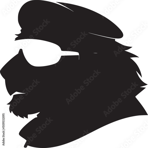 Silhouette portrait of a man with beard sunglasses and beret against a white background art style