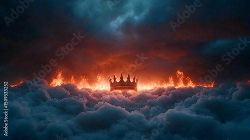 Fiery Crown Amidst Dark Clouds and Flames