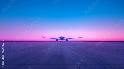 Airplane on Runway at Sunset with Pink and Blue Sky