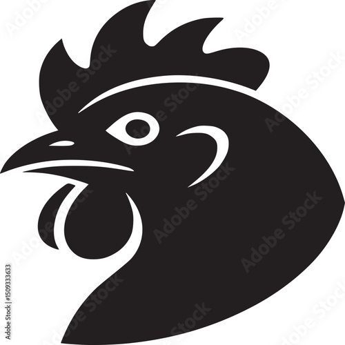 A stylized black rooster head with a comb and wattle on a white background in a vector style
