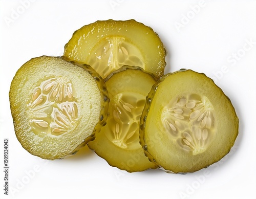 marinated pickled cucumber slices isolated on white background with full depth of field top view flat lay