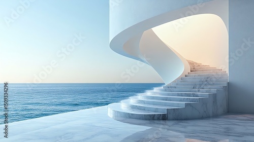 A stunning architectural design featuring elegant white stairs leading to the serene ocean, showcasing modern minimalist aesthetics in a tranquil setting.