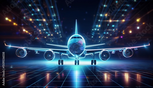 hyperrealistic 3d wireframe airplane takes off from airport at night under shining lights