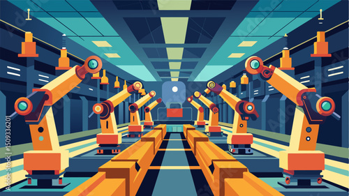 A large automated assembly line inside the hangar sees robotic arms expertly fitting together intricate parts and pieces for the creation of new eVTOLs.. Vector illustration