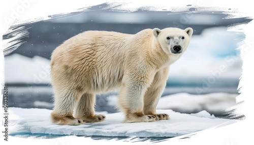 Majestic polar bear standing proudly on a floating ice floe in a glacial landscape