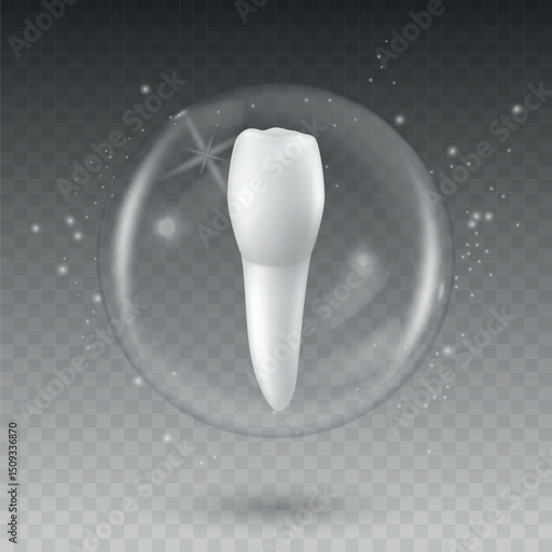 Vector 3D Realistic Tooth in a Protective Bubble Icon Isolated. Design Template, Clipart. Dentistry, Healthcare, Medical, Hygiene, Protection Concept