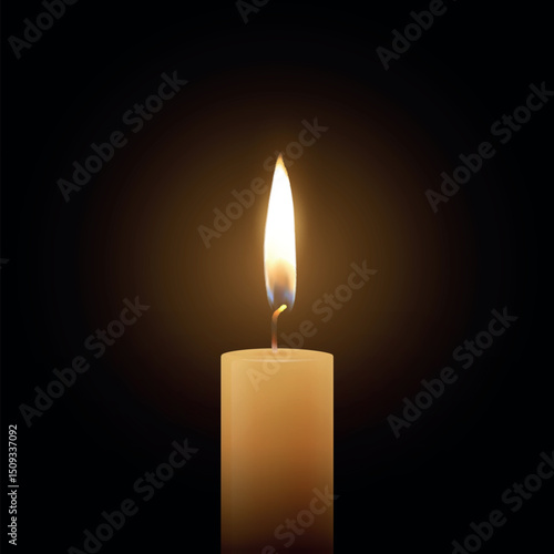 Realistic Vector Candle Flame Clipart on Black Background. Single Wax Pillar Candle with Soft Warm Glow and Flickering Flame, Ambient Lighting Design Template for Web, Print, Logo Design