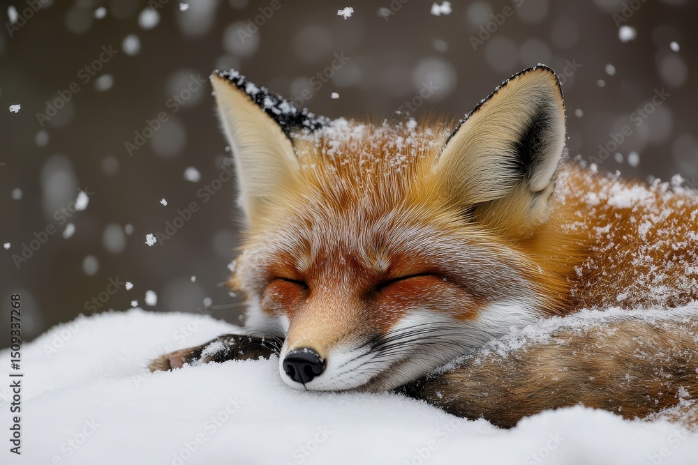 Fototapeta premium Detail of a hibernating red fox amidst winter snowfall in the UK