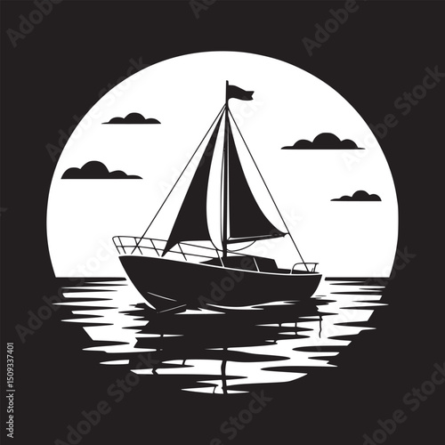 A silhouette of a sailboat with sails up against a white circle with clouds and water reflections