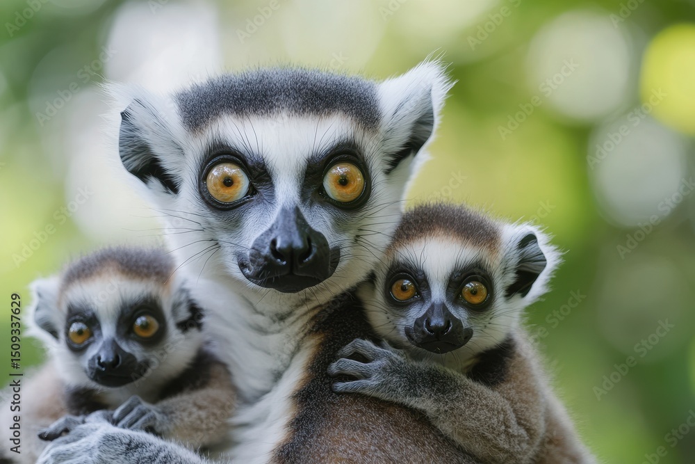 Fototapeta premium Detailed view of a ring tailed lemur with her adorable offspring