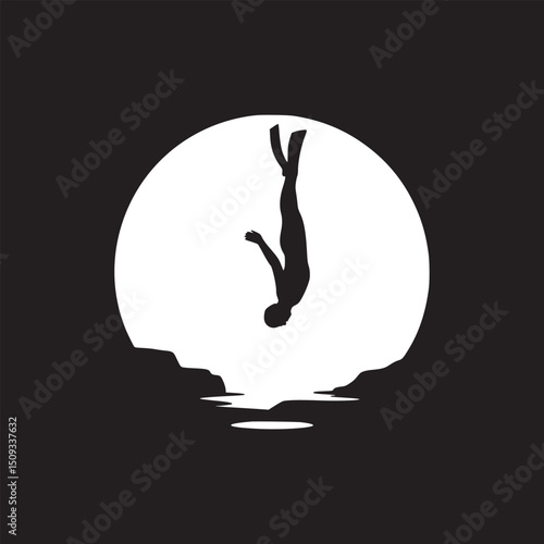 Silhouette of a diver falling into water against a full moon in black and white illustration