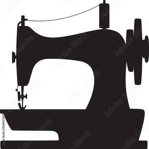 A silhouette of a vintage sewing machine with thread and wheel on a white background image view