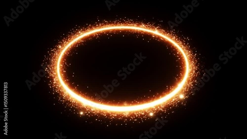 Glowing orange oval ring with sparkling particles on a black background in a seamless loop animation
