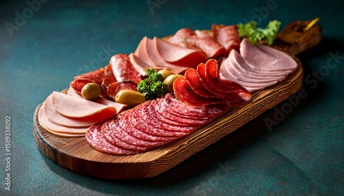 cold cut sliced deli meats on charcuterie board