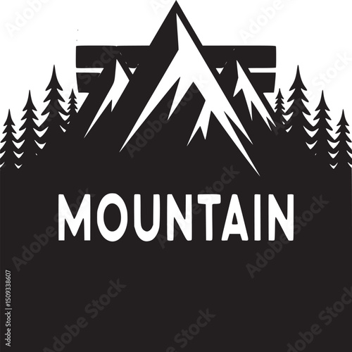 Mountain illustration with trees and sun in orange and red with the word mountain below it