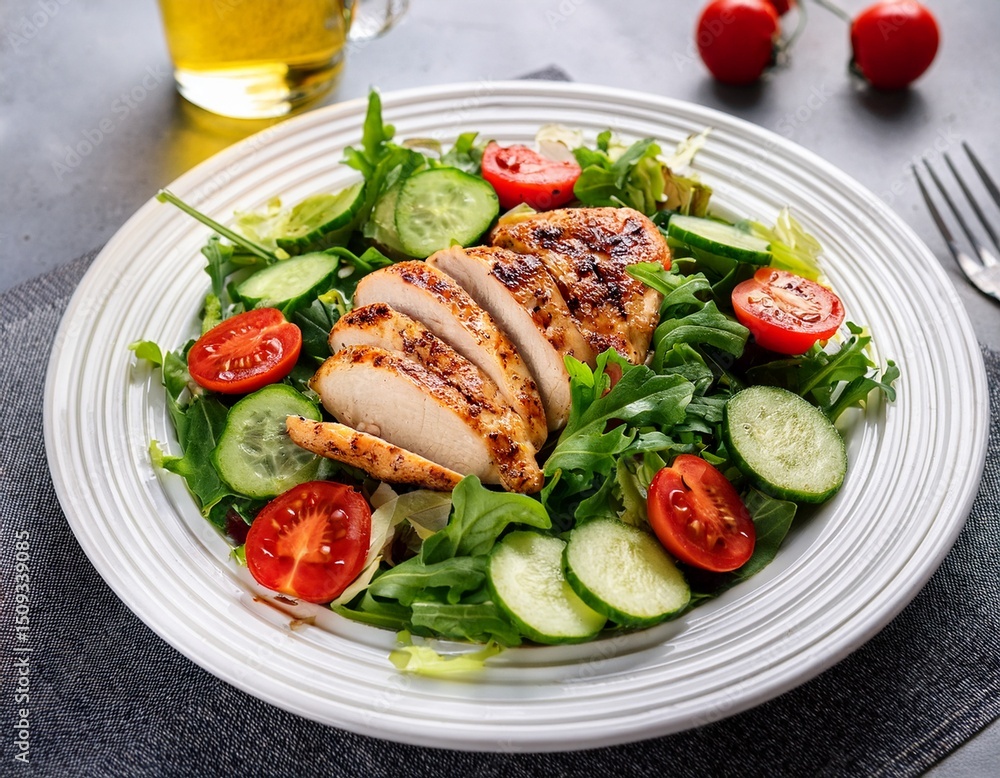 a vibrant salad with grilled chicken mixed greens cherry tomatoes and cucumber slices on a white plate a vibrant salad with grilled chicken mixed greens cherry tomatoes and cucumber slices on a white plate