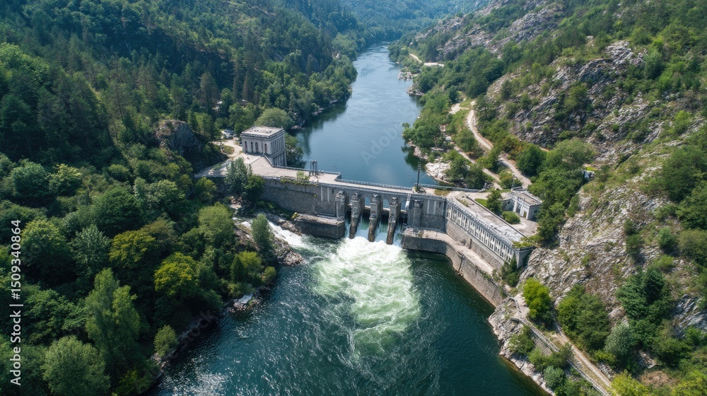 Aerial view of a hydroelectric dam with powerful water flow, surrounded by forested hills and a winding river, ideal for energy, environment, or infrastructure projects Aerial view of a hydroelectric dam with powerful water flow, surrounded by forested hills and a winding river, ideal for energy, environment, or infrastructure projects