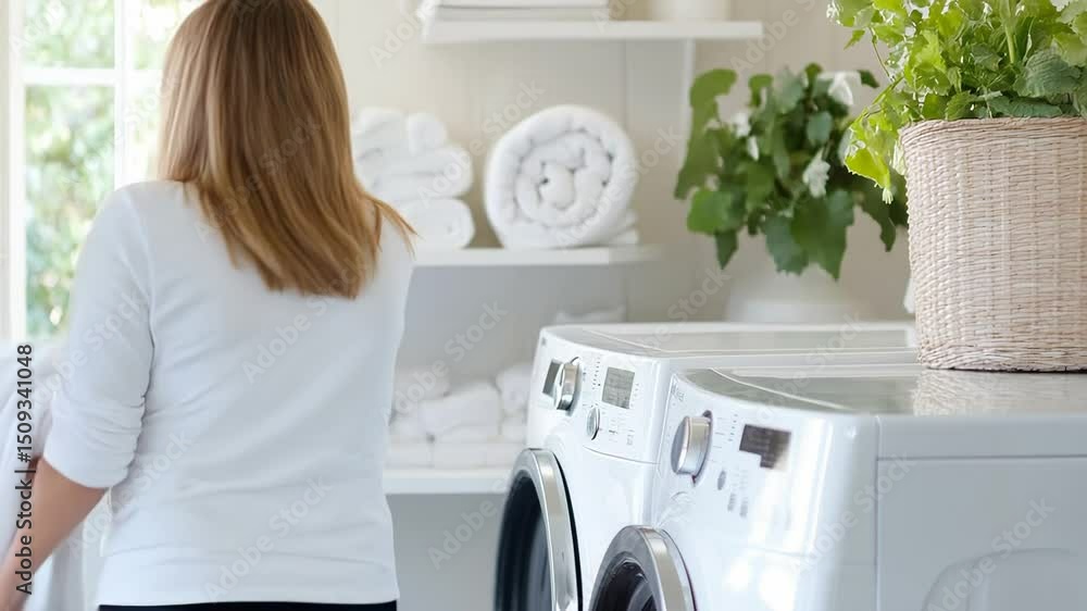 Smiling woman doing laundry in bright modern laundry room with fresh white towels. Smiling woman doing laundry in bright modern laundry room with fresh white towels.