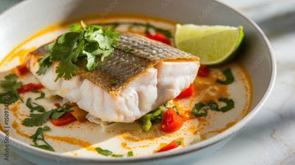 A plate of homemade fish soup made from coconut and lime, seasoned with creamy coconut broth infused with red curry. On top is a fillet of white fish, freshly chopped coriander and diced vegetables. A plate of homemade fish soup made from coconut and lime, seasoned with creamy coconut broth infused with red curry. On top is a fillet of white fish, freshly chopped coriander and diced vegetables.