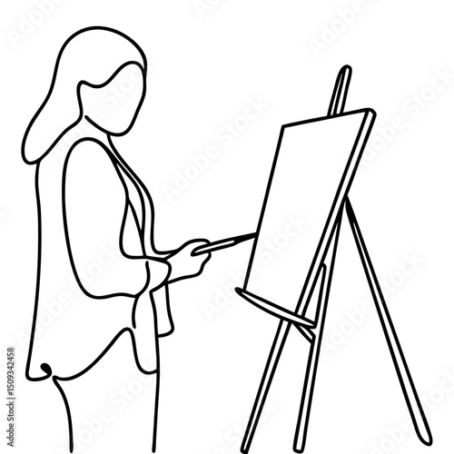 Woman painting at easel. Artist creating artwork at studio easel.  Fine art creation process.  Concept image for art courses, art workshops, and creative blogs.