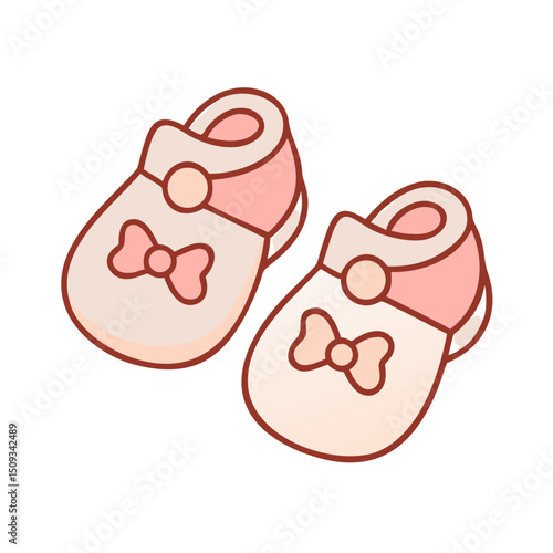 Adorable baby booties with pink bows and buttons. Pair of soft baby shoes ideal for newborn photography. Charming baby booties perfect for baby shower invitations and announcements.