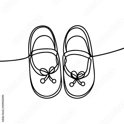 Adorable baby booties line art illustration. Pair of tiny shoes for newborn, perfect for baby shower invitations or announcements. Simple baby booties design for greeting cards and apparel.