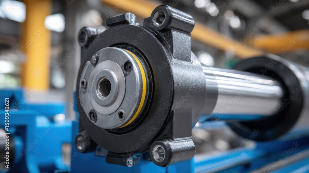 Close-up view of a hydraulic cylinder assembly showcasing intricate mechanical parts and design. The setting reflects a modern manufacturing environment with advanced machinery Close-up view of a hydraulic cylinder assembly showcasing intricate mechanical parts and design. The setting reflects a modern manufacturing environment with advanced machinery