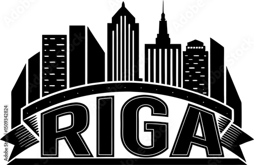Riga skyline, downtown panorama logo, logotype. Latvia capital city black
