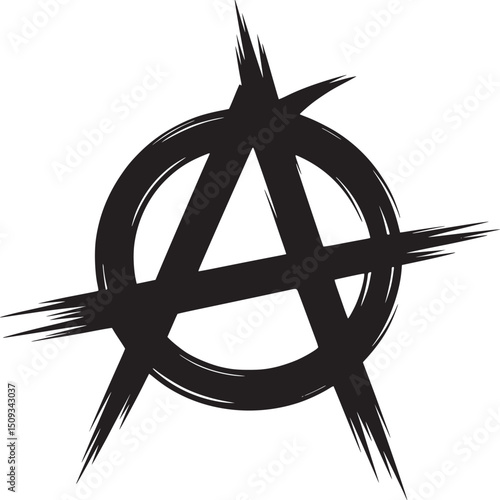 A stylized anarchy symbol in black with rough edges on a plain white background illustration