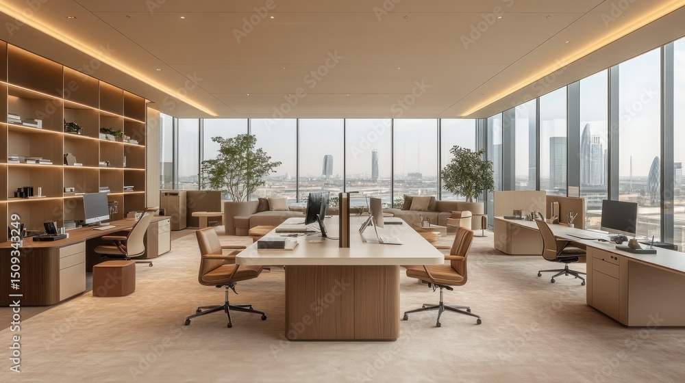 Fototapeta premium Modern, light-filled office space with city views