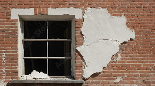 Partially exposed brick wall with peeling plaster near indoor window.