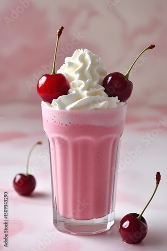 Wallpaper Mural a vibrant and dreamlike cinematic photograph of a delicate pink strawberry milkshake, adorned with a generous dollop of whipped cream and topped with plump, juicy cherries, set against a soft, gradien Torontodigital.ca