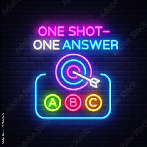 Quiz neon sign with question options. Vector illustration with glowing text ONE SHOT ONE ANSWER and ABC buttons on dark background.