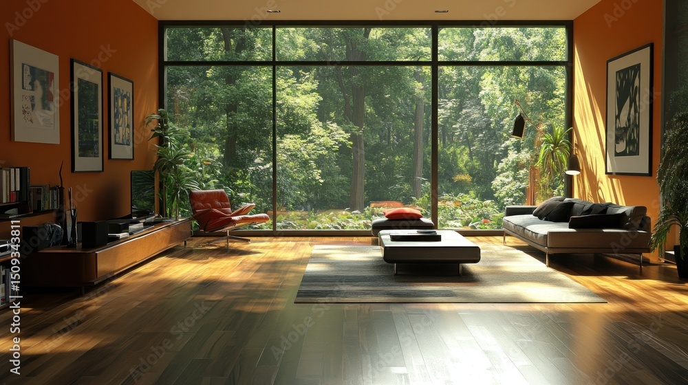 Fototapeta premium Modern living room with large windows overlooking a lush garden